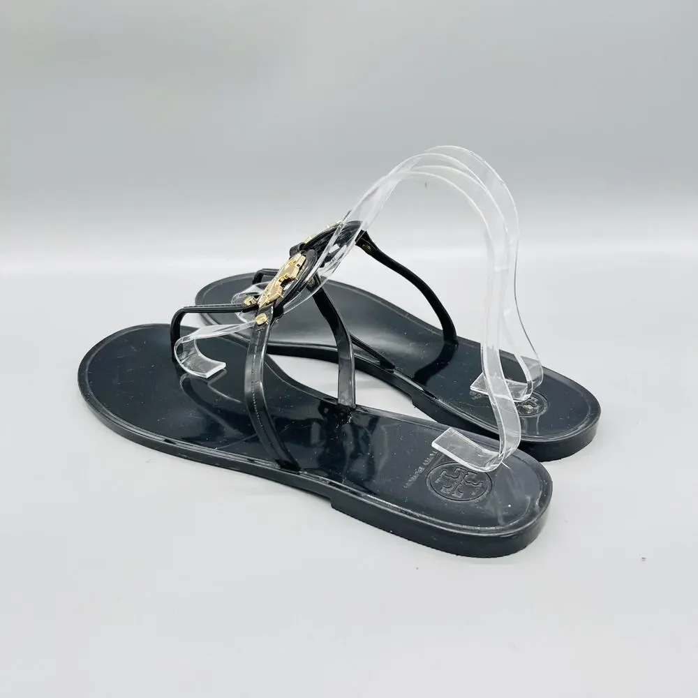 Tory Burch Sandals Womens 11 Black Rubber Jelly Thong Logo Medallion Shoes